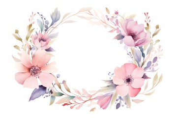 Fototapeta na wymiar Watercolor floral wreath, in the style of soft and dreamy atmosphere, made of flowers, floral motifs, isolated on white background. Image created with Generative AI technology