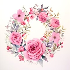 Watercolor floral wreath, in the style of soft and dreamy atmosphere, made of flowers, floral motifs, isolated on white background. Image created with Generative AI technology