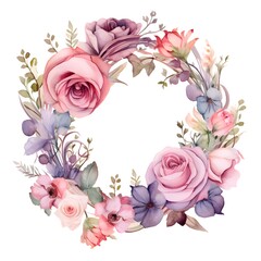 Watercolor floral wreath, in the style of soft and dreamy atmosphere, made of flowers, floral motifs, isolated on white background. Image created with Generative AI technology