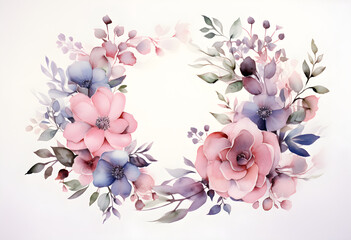 Watercolor floral wreath, in the style of soft and dreamy atmosphere, made of flowers, floral motifs, isolated on white background. Image created with Generative AI technology