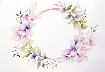 Obraz na płótnie Canvas Watercolor floral wreath, in the style of soft and dreamy atmosphere, made of flowers, floral motifs, isolated on white background. Image created with Generative AI technology