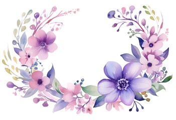 Watercolor floral wreath, in the style of soft and dreamy atmosphere, made of flowers, floral motifs, isolated on white background. Image created with Generative AI technology
