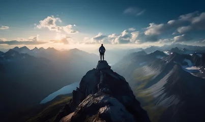 Fotobehang Hiker at the summit of a mountain overlooking a stunning view. Apex silhouette cliffs and valley landscape, Generative AI © Akanksha
