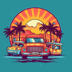 Retro car summer party on the beach among palm trees, at sunset. Cartoon vector illustration.