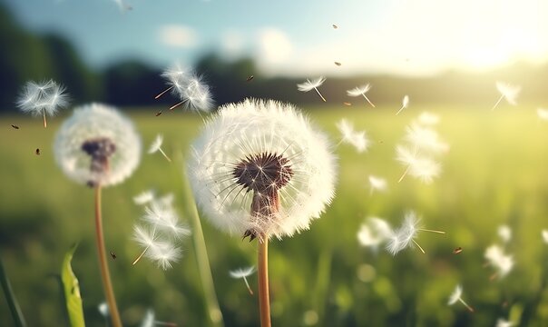 Summer dandelion seed head in the wind. Fluffy flower weed in grass field, Generative AI