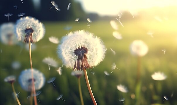 Summer dandelion seed head in the wind. Fluffy flower weed in grass field, Generative AI