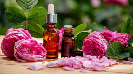 rose flower and essential oil. Spa and aromatherapy.