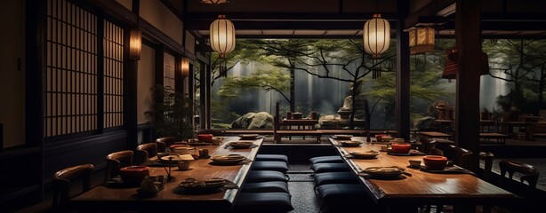 Asian Delights A Serene Dining Experience with Wooden Tables and Hanging Lamps, Generative AI