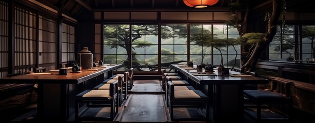 Asian Delights A Serene Dining Experience with Wooden Tables and Hanging Lamps, Generative AI