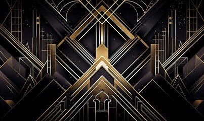 Abstract art deco. Great Gatsby 1920s geometric architecture background. Retro vintage black, gold, and silver roaring 20s texture, Generative AI - obrazy, fototapety, plakaty