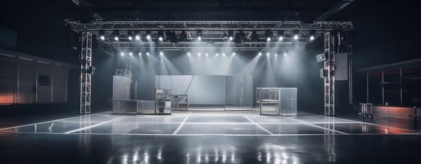 Obraz premium Festive Studio Stage with Equipment Lighting and Copy Space, Generative AI