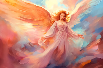 A captivating angel artwork, skillfully rendered with watercolor and plastic poster color, exuding serenity and wisdom, believed to possess supernatural guidance. generative AI.