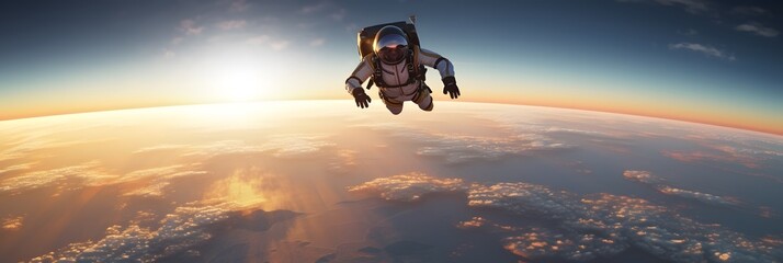 Skydiver in action from the space, Parachutist skydiving above the clouds from the space
