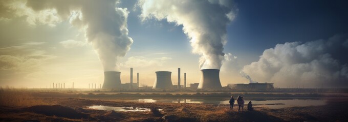 Industrial Power Two Nuclear Power Plants Emitting Smoke with Workers in the Foreground, Generative AI