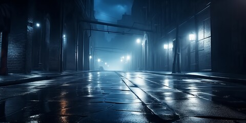 Rainy Night in the City Dark Street Scene with Glowing Umbrellas, Reflections, and Copy Space, Generative AI