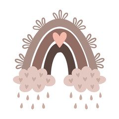 Boho rainbow with cloud in a naive children's style. Autumn colored illustration. Rainbow in warm pastel colors. Clipart for the design of greeting cards, invitations, prints, stickers and patterns.