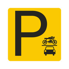 isolated printable label sticker of square yellow black parking sign with illustration icon of black pictogram P letter for car and motorcycle parking area