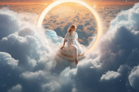 An enchanting vision of a white, angelic cloud formation resembling a heavenly paradise, with a captivating spiral pattern gracefully adorning the sky.