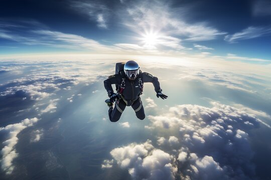 Skydiver in action from the space, Parachutist skydiving above the clouds from the space
