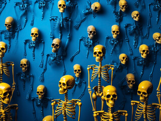 Scary horrible yellow skeletons on a blue background banner, drawing, Halloween background