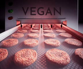 Vegan Meat Factory Production Line with Plant-Based Burger Patties and Leaf Sign