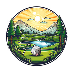 Golf club and ball in grass. Sports equipment symbol. cartoon vector illustration.