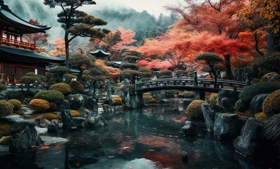 An illustration japanese bridge with a japanese bridge in the background