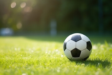 Fototapeta na wymiar Soccer ball on a green lawn with copy space.