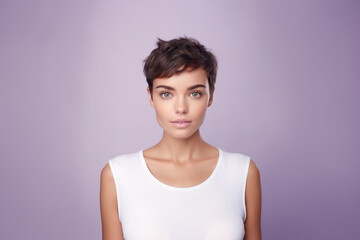 Beautiful short hair model on a purple background with copy space.