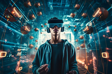 Young Man with VR headset exploring the metaverse created with Generative AI technology