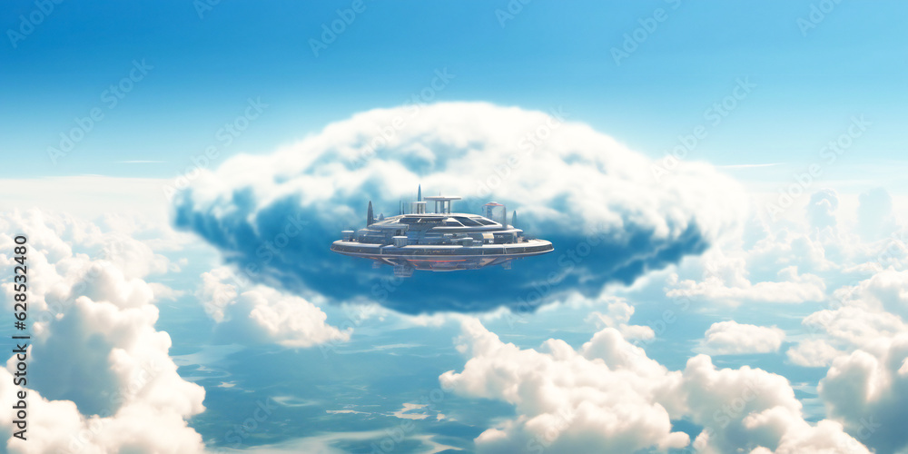 Poster floating advanced technology flying object in the clouds. created with generative ai technology.
