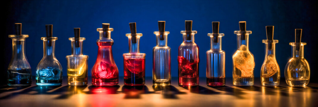 Vintage Different Small Bottles With Colorful Liquids And Small Objects In Them. Created With Generative AI Technology.