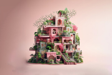 Toy house with plants and cactus in pink and green color generative ai