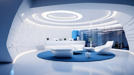 Technology company reception, with a futuristic high tech design, in white and blue colors
