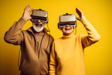 Happy grandparents, old woman and man couple with VR headset exploring the metaverse created with Generative AI technology