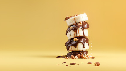 Stack of banana slices with chocolate dripping and sprinkled with almonds, monochrome yellow background