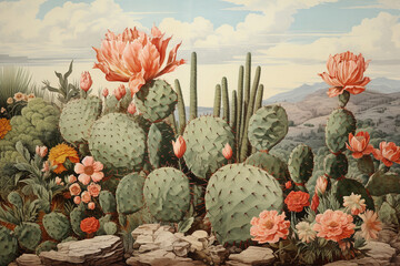 Nopal cactus illustration generative ai - obrazy, fototapety, plakaty