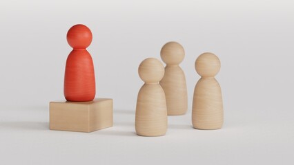 A wooden figure standing with a team to influence and empowerment. Concept of leadership, successful competition winner and Leader with influence and Social distancing for a new normal lifestyle.
