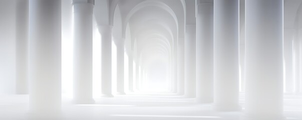 Beautiful architectural white panorama baner with shadow from columns. Abstract light background, Generative AI