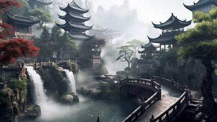 landscape in an ancient Chinese city with waterfalls and mountains.