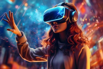 Young Woman with VR headset exploring the metaverse created with Generative AI technology