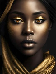AI generated illustration of an African American female with glowing eyes and gold makeup
