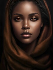 AI generated illustration of an African American female with orange eyes and a headshawl