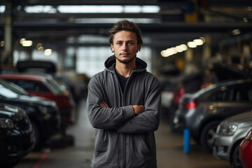 Fototapeta na wymiar Engine of Industry: High-Resolution Portrait of a Young Mechanic Standing Confidently in a Bustling Car Factory Workshop