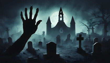 Zombie hand emerging from the ground, Graveyard in spooky death Forest At Halloween Night