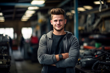 Obraz premium Engine of Industry: High-Resolution Portrait of a Young Mechanic Standing Confidently in a Bustling Car Factory Workshop