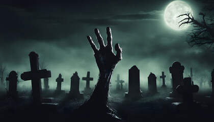 Zombie hand emerging from the ground, Graveyard in spooky death Forest At Halloween Night