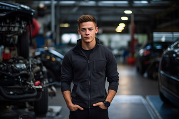 Engine of Industry: High-Resolution Portrait of a Young Mechanic Standing Confidently in a Bustling Car Factory Workshop