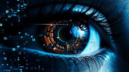 AI generated illustration of a human eye with a circuit board inside it - obrazy, fototapety, plakaty