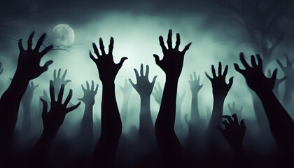 Zombie hand emerging from the ground, Graveyard in spooky death Forest At Halloween Night